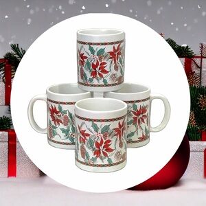 4 Vintage Christmas Holiday Cups/Mugs Poinsettias & Pinecones